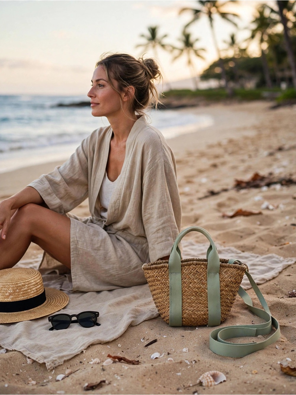 Zara Natural Straw Tote with Sage Green Straps